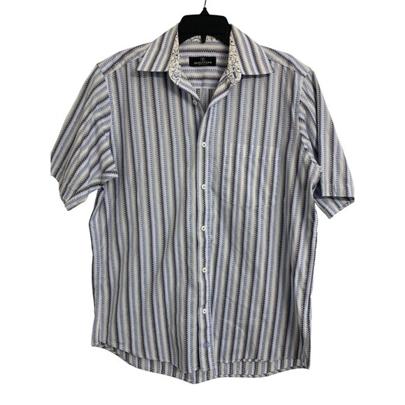Bugatchi Uomo Cotton Striped Short Sleeve Button-Up Shirt Size M - Picture 1 of 9